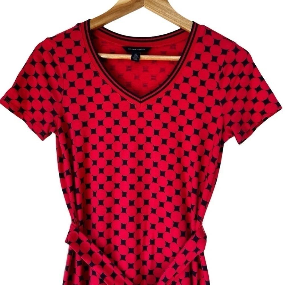 Tommy Hilfiger Red Summer T-ShirtDress, Short Sleeve, V Neck, Tie Waist, XS